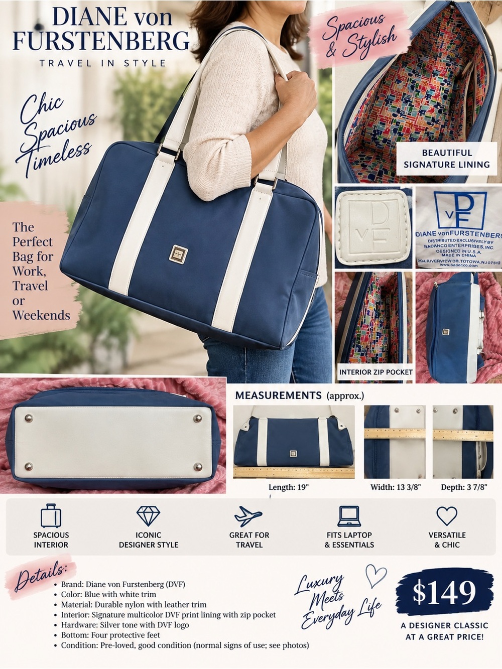 Diane Von Furstenberg Blue and White Travel Tote